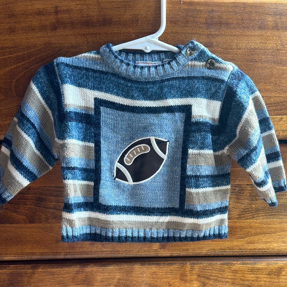 Blue, white and beige stripped football knitted sweater